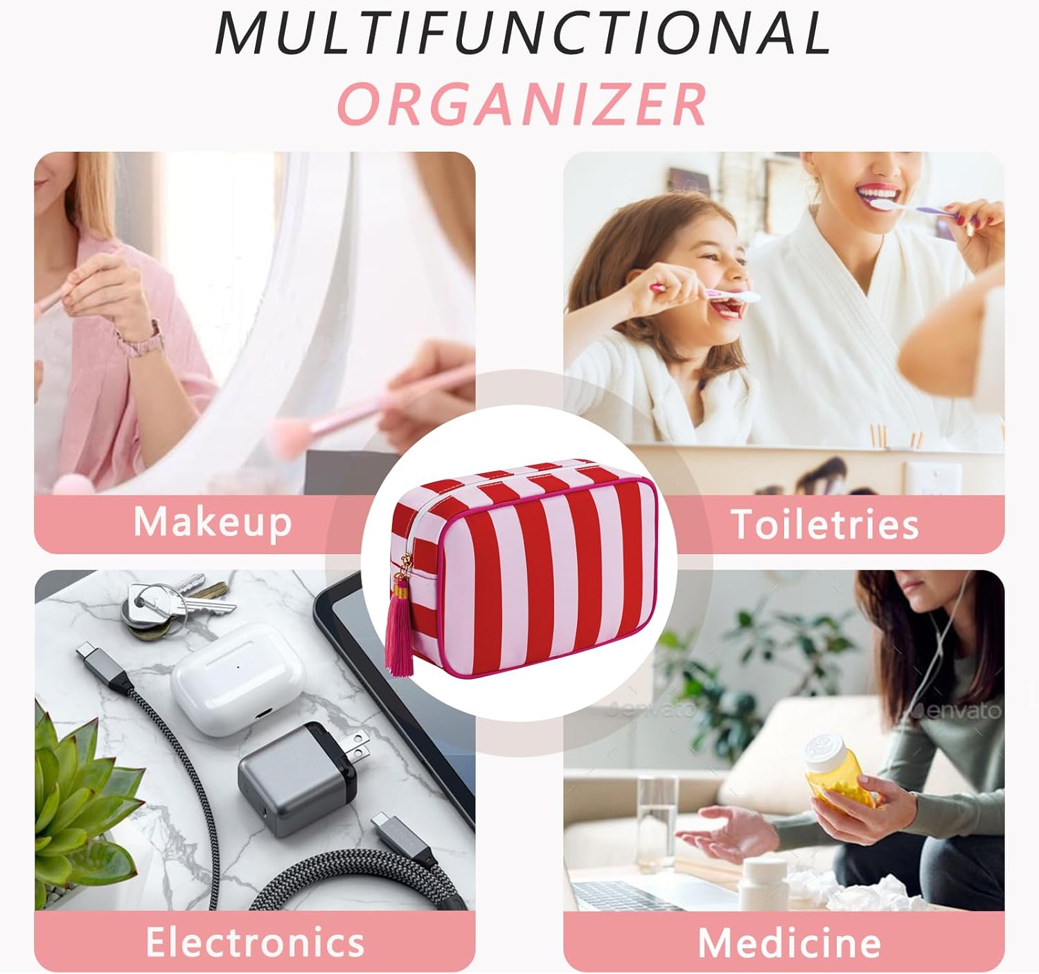 Large Stripe Canvas Zipper Makeup Bag,Aesthetic Tassel Travel Cosmetic Bag,Coquette Toiletry Bag, Girls Handbags Purses,Accessories Storage Bag for Women Girls (Red) - Image 6