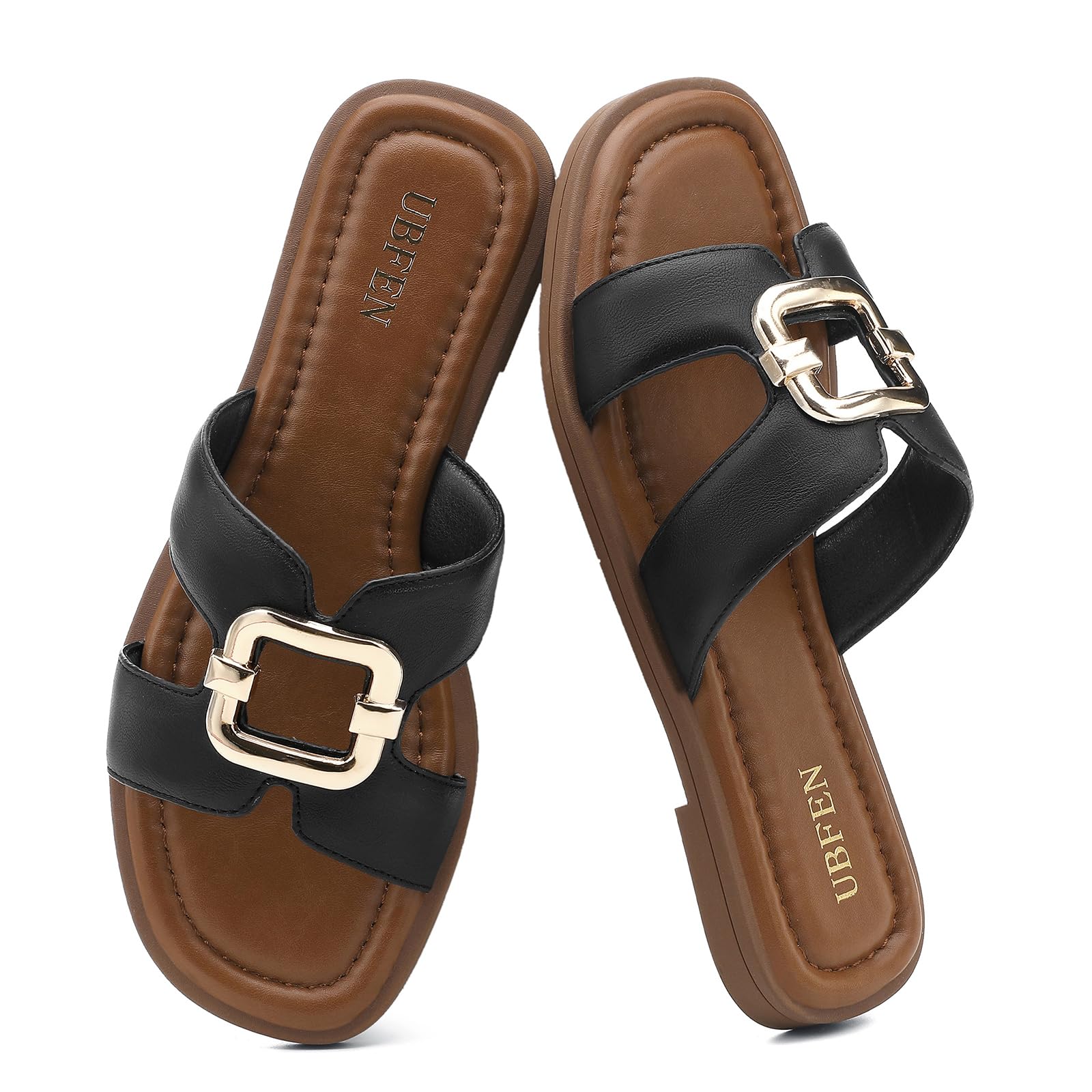 UBFEN Womens Square Toe Flat Sandals Slides Dressy Comfortable for Beach