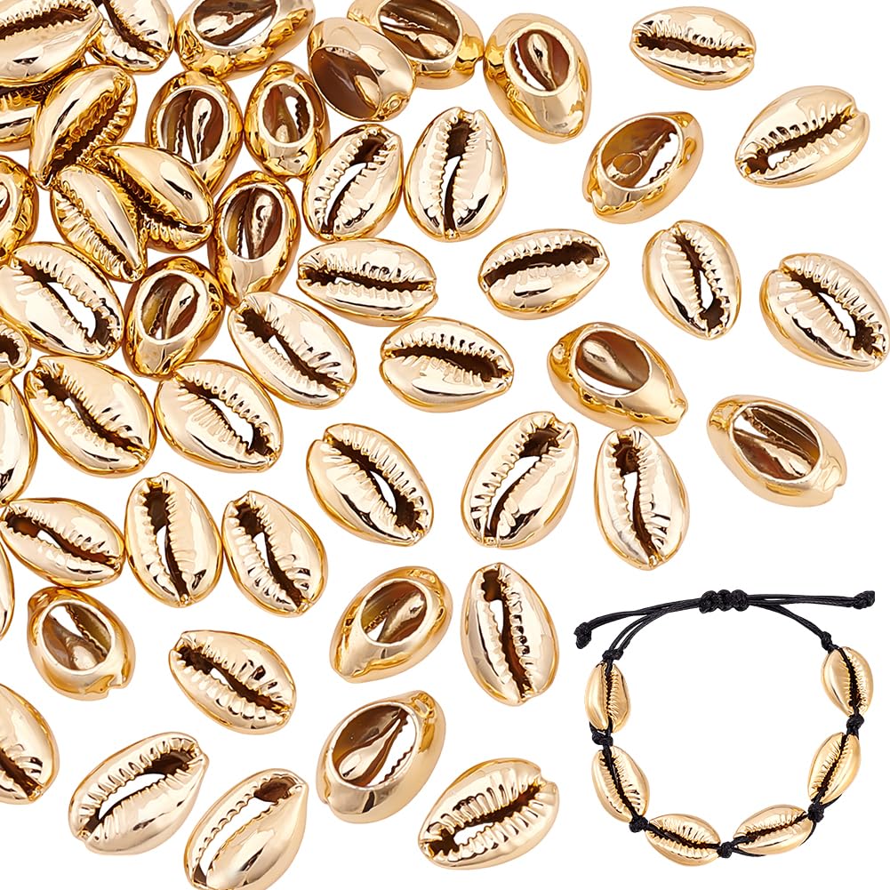 PandaHall 50pcs Light Gold Electroplated Shell Beads Cowrie Shells Oval Sea Ocean Beach Spacer Shell Beads for DIY Craft Bracelets Necklaces Jewellery Making Beach Part Home Decoration