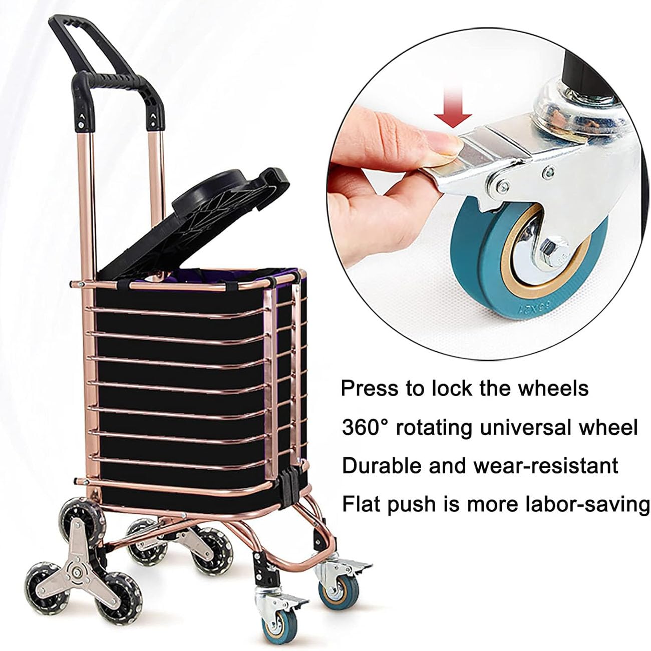 Carrello della spesa resistente con manico girevole, leggero carrello su ruote per un facile mercato viaggi e uso all'aperto, ideale per anziani e famiglie