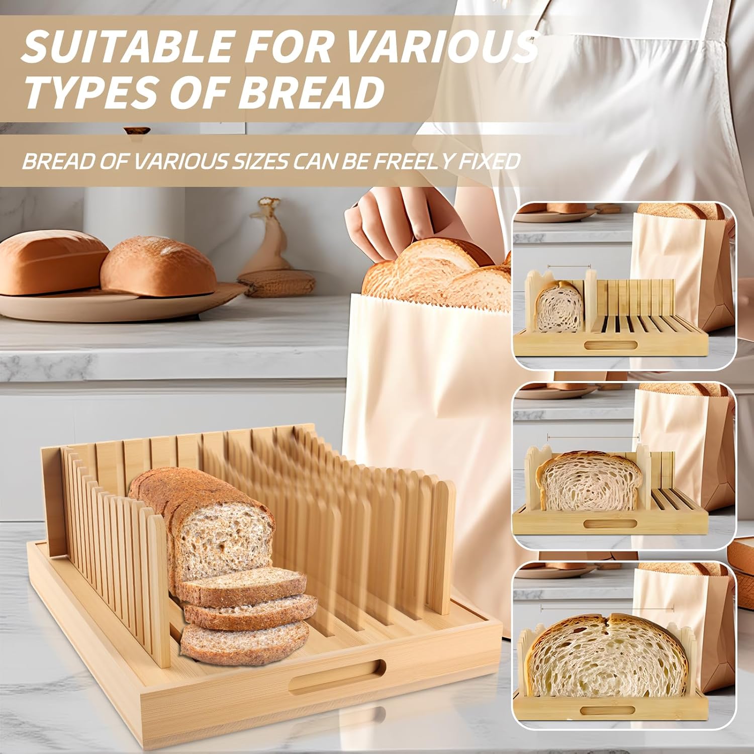 Bread Slicer for Homemade Bread & Sourdough Rounds - Adjustable Bamboo Bread Cutter with Foldable Crumb Tray, 3-Width Guide - Perfect Slicer for Loaf, Bagels, Cake (No Knife Included)