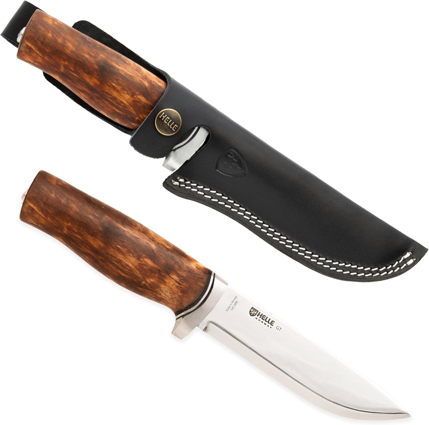 HELLE Knives - GT - Stainless Steel, Outdoor Adventure Camping Knife with Sheath, Stick Tang Fixed Blade, Curly Birch Handle, Made in Norway