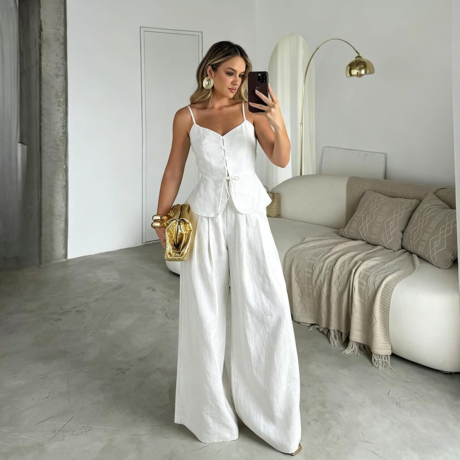 REASERAL Womens Summer 2 Piece Outfits Sleeveless Botton Top Wide Leg Pants Work Outfits for Women Office