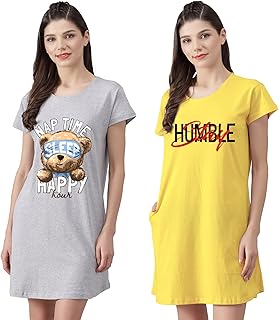 Fflirtygo Women’s Cotton Nighty | Printed Knee Length Night Gown |Relaxed Fit Nightwear |Short Nightdress| Long T-Shirt | ...
