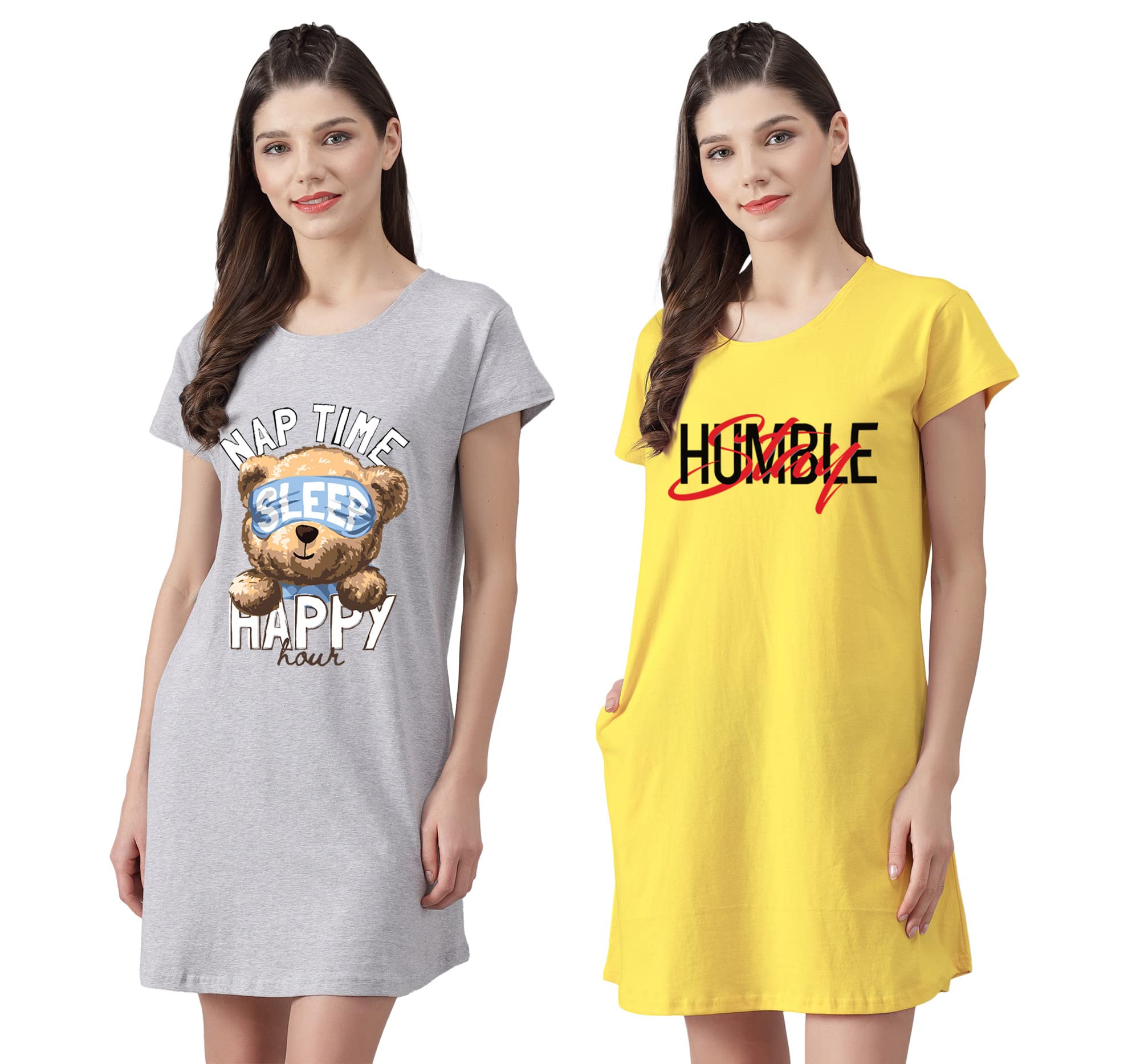 Women’s Cotton Nighty | Printed Knee Length Night Gown |Relaxed Fit Nightwear |Short Nightdress| Long T-Shirt | Sleepwear & Casual Wear Nighty (Pack of 2)
