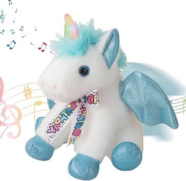 Singing Dancing Unicorn Stuffed Animail With Moving Wings,Happy Birthday Gifts Unicorn Plush Toy The Cormers Glowing Singing Happy Birthday Song,Party Gift for Toddlers Boys Girls Kids, 11" Blue