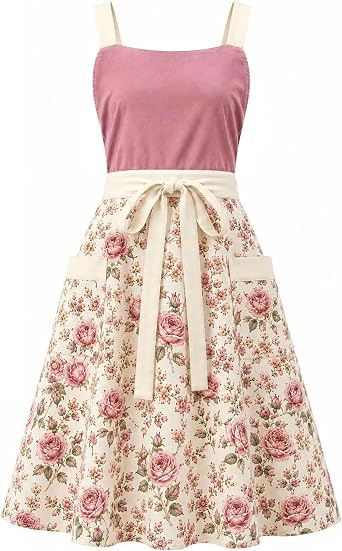 Pinafore Apron Dress for Women with Pockets Adjustable Floral Kitchen Apron