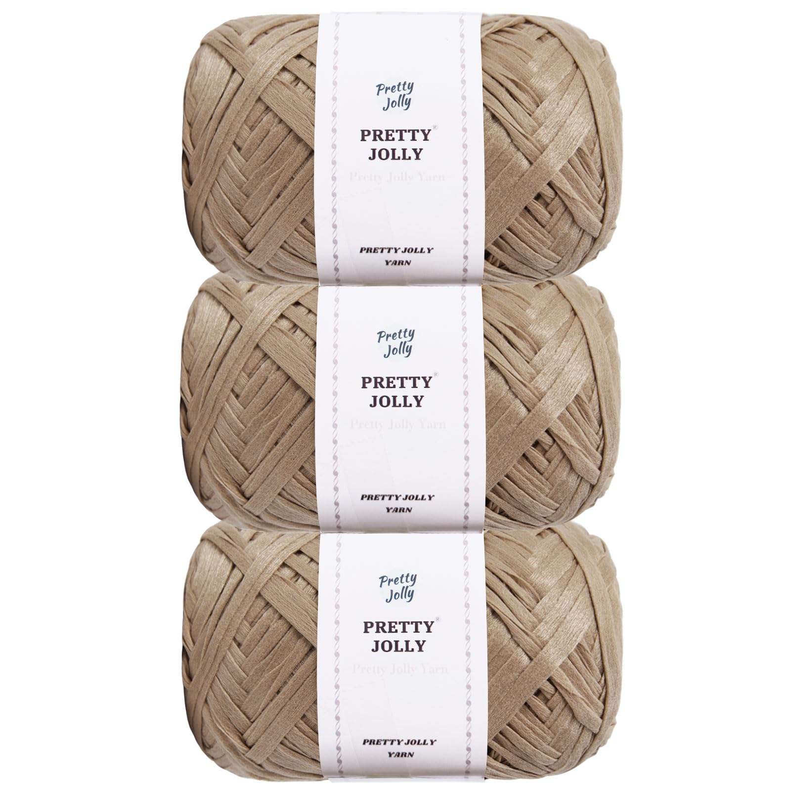 Pretty Jolly 3 Skeins Soft Tape Ribbon Yarn for Knitting - Light Weight Raffia Craft Paper for DIY Gift Wrapping, Crocheting Hat, Bag - Polyester, Total Length 3×100m/3×50g (Khaki)