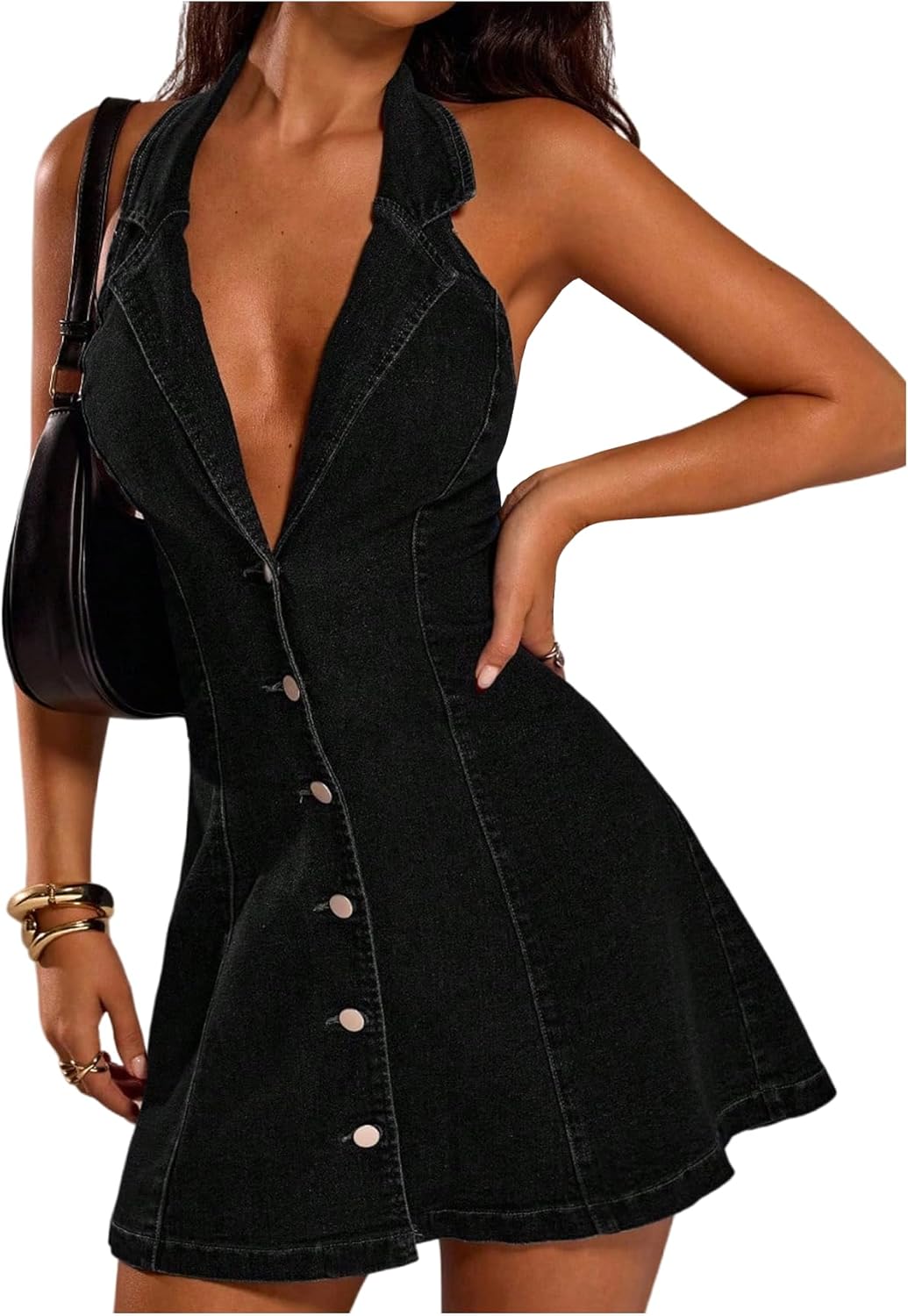 Floerns Women's Y2k Denim Halter Mini Dress Sleeveless Deep V Neck Button Down A Line Going Out Jean Dresses