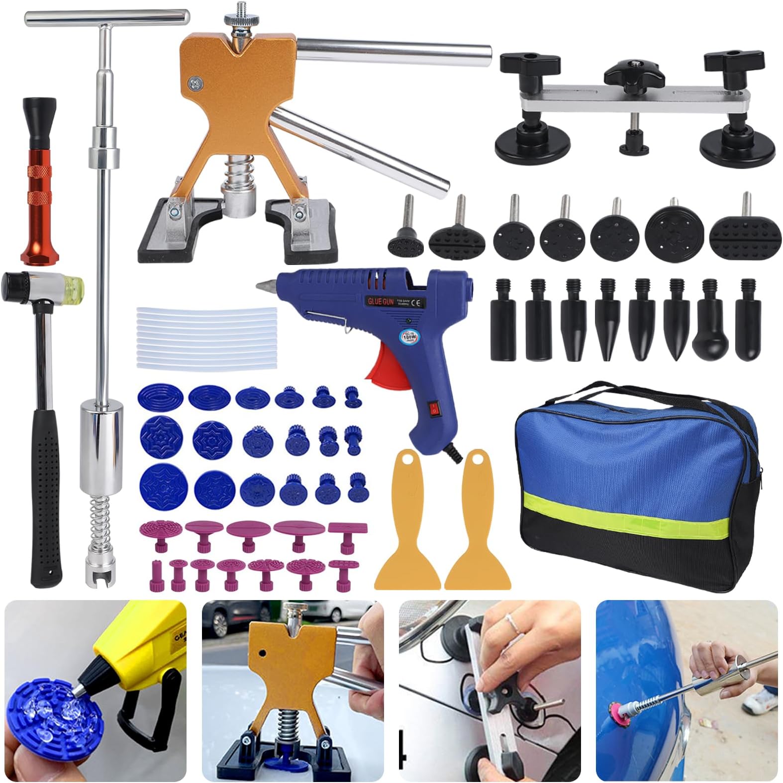 Auto Body Dent Repair Kit,66 PCS Paintless Dent Removal Kit,Car Dent Repair Puller with Golden Dent Puller,T-Bar Puller,Bridge Puller for Automotive Dents/Door Dings/Hail Damage Removal
