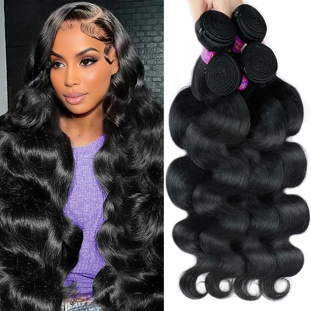 Body Wave Bundles Human Hair 20 22 24 26 Inch 4 Bundles Human Hair Body Wave 14A Raw Bundles Human Hair 100% Unprocessed Brazilian Natural Black Glossy Hair Bundle