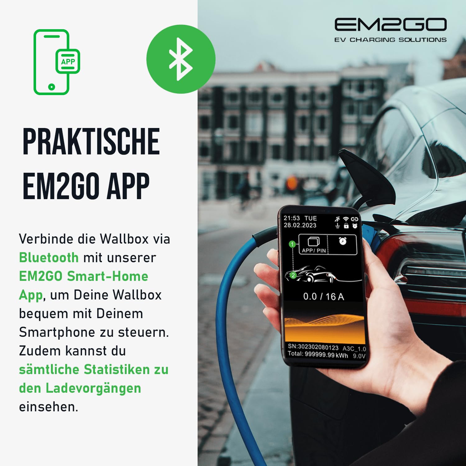 EM2GO Wallbox 11kW Home Power, E-Auto Ladestation mit 16A CEE Adapter, 6.5m E-Auto Ladekabel Wallbox mit App, Typ 2 Stecker Ladekabel Halterung