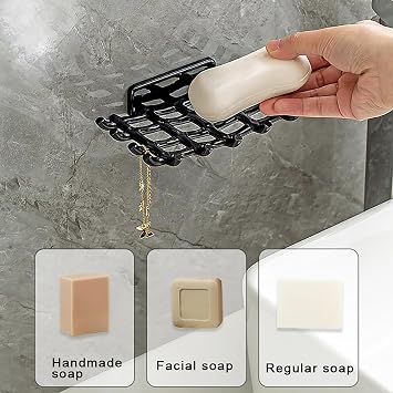 Soap Dishes,Soap Draining Tray Dish, Soap Rack with Multi Hooks Hollow Out Quick Drainage Wall-Mounted Waterproof Bathroom Hotel Bathroom Soap Holder Soap Organizer White