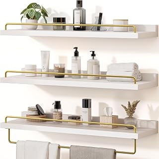 Seocry Bathroom Shelves, Wall Shelf Set of 3, Floating Shelves, Shelves for Room Wall, Bathroom Decor (White Gold, 23.1 Inches)