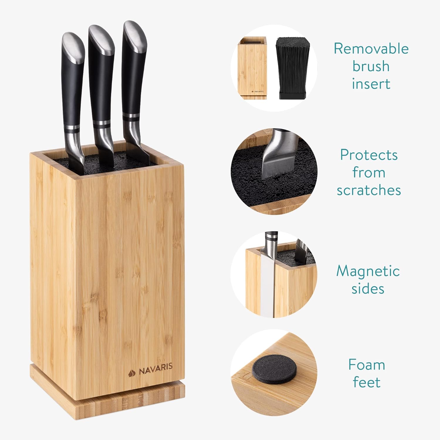 Navaris Bamboo Kitchen Knife Block - Magnetic Rotating Bristle Knife Holder - Universal Knife Block Storage Stand with Bristles - 9.8" x 4.9" x 4.9"