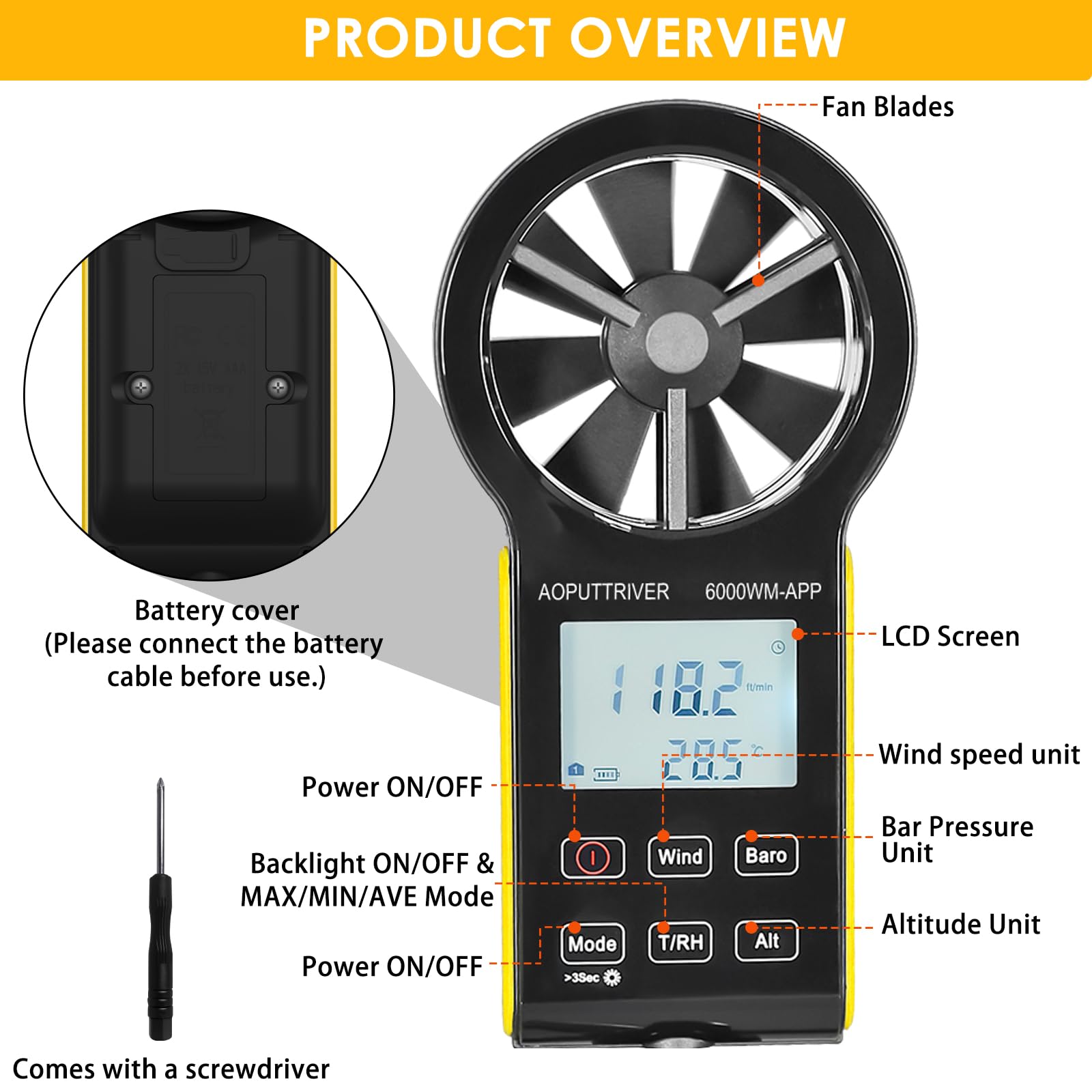 Handheld Windmesser mit APP Anemometer, CFM Anemometer mit Temperatur (°C/°F), 5 Einheiten, Windgeschwindigkeits-, Luftvolumen- und Temperaturmessung für HVAC, Schifffahrt-AP-6000WM-APP