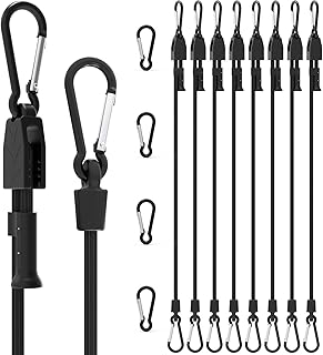 Joneaz 후크 포함 121.9cm(48인치) 번지 코드 8개, 조절 가능한 튼튼한 블랙, 자외선 차단 충격 스트랩, 카라비너 스타일 클립 포함, 예비 부품 4개 제공