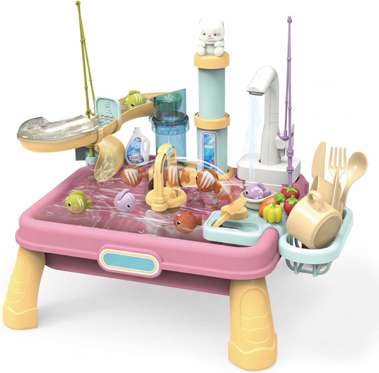 Kids Water Table, Water Play Table with Electric Play Sink & Fishing Game for Toddlers 1-3, Pretend Kitchen Sink with Accessories.