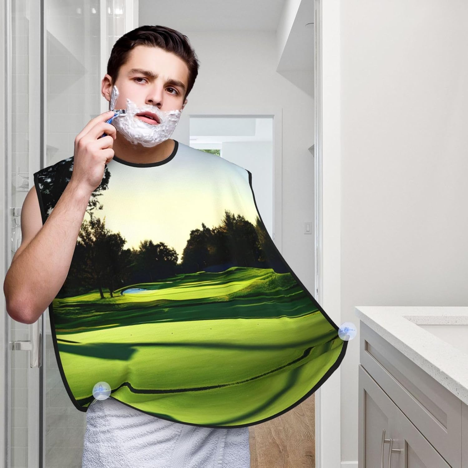 Golf Course Print Beard Bib Apron For Men, Beard Hair Catcher For Men Shaving Trimming,Beard Cape Cloth, Black
