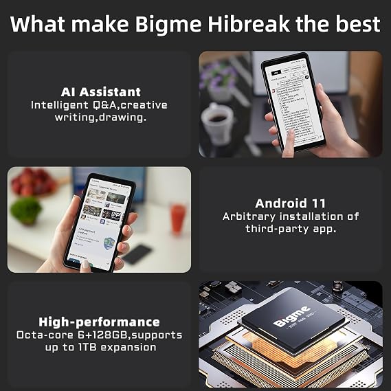 Bigme Color E-Ink Screen Mobile HiBreak, 6G+128GB Android 11 Smartphone, 36-Level Front Light, USB-C, 3300mAh Battery, 5+13MP Camera - Black