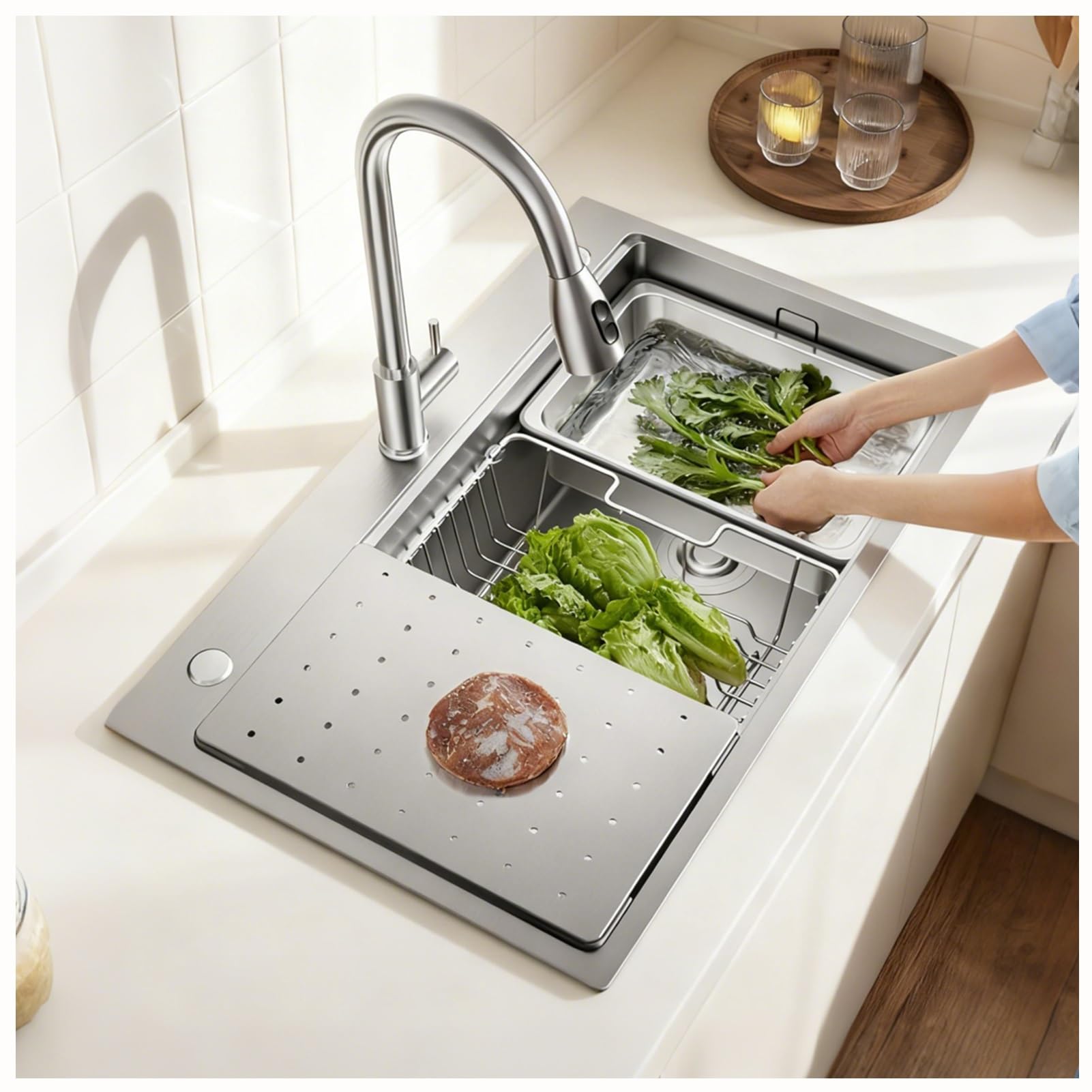 Fregadero de Cocina Profesional 85x50 de Acero Inoxidable con Revestimiento Nano, Seno Único Profundo 22cm, Diseño Artesanal Extra Grande con Colador y Accesorios de Desagüe.