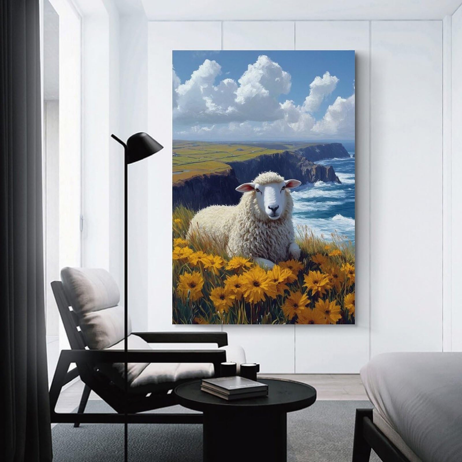 Junmoney Unframe-Style-8 Hanging Wall Art Sheep In A Field Of Flowers, 20X30inch(50X75cm), For Entryway, Lounge Links Or Small Walls, A Neat Decor Update For Hallways