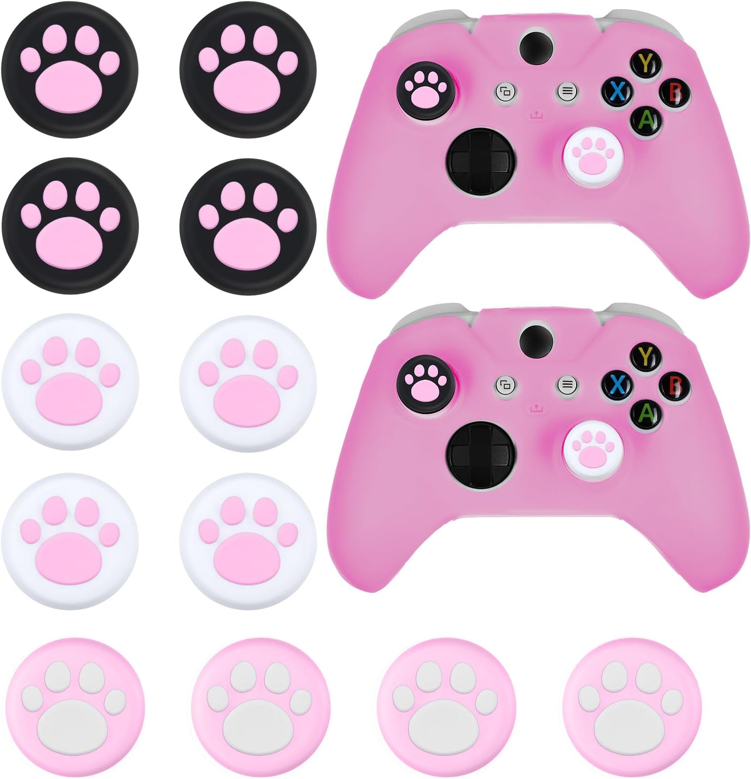Chalyna 14 Pcs Controller Skins Anti-Slip Accessories Set Silicone Cover Protector Case Compatible with Xbox One/S/X Controller Wireless/Wired Gamepad Joystick with 12 Cat Paw Thumb Grips (Pink)
