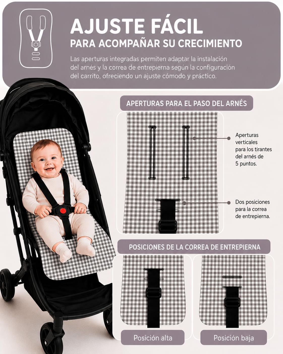 Colchoneta Silla Paseo Universal Verano Funda Carrito Bebe 100% Algodon Transpirable Reversible Apta Silla Inglesina Suave Carro Bebe Altura Ajustable Hombros y Cintura Antideslizable (Vichy Gris)