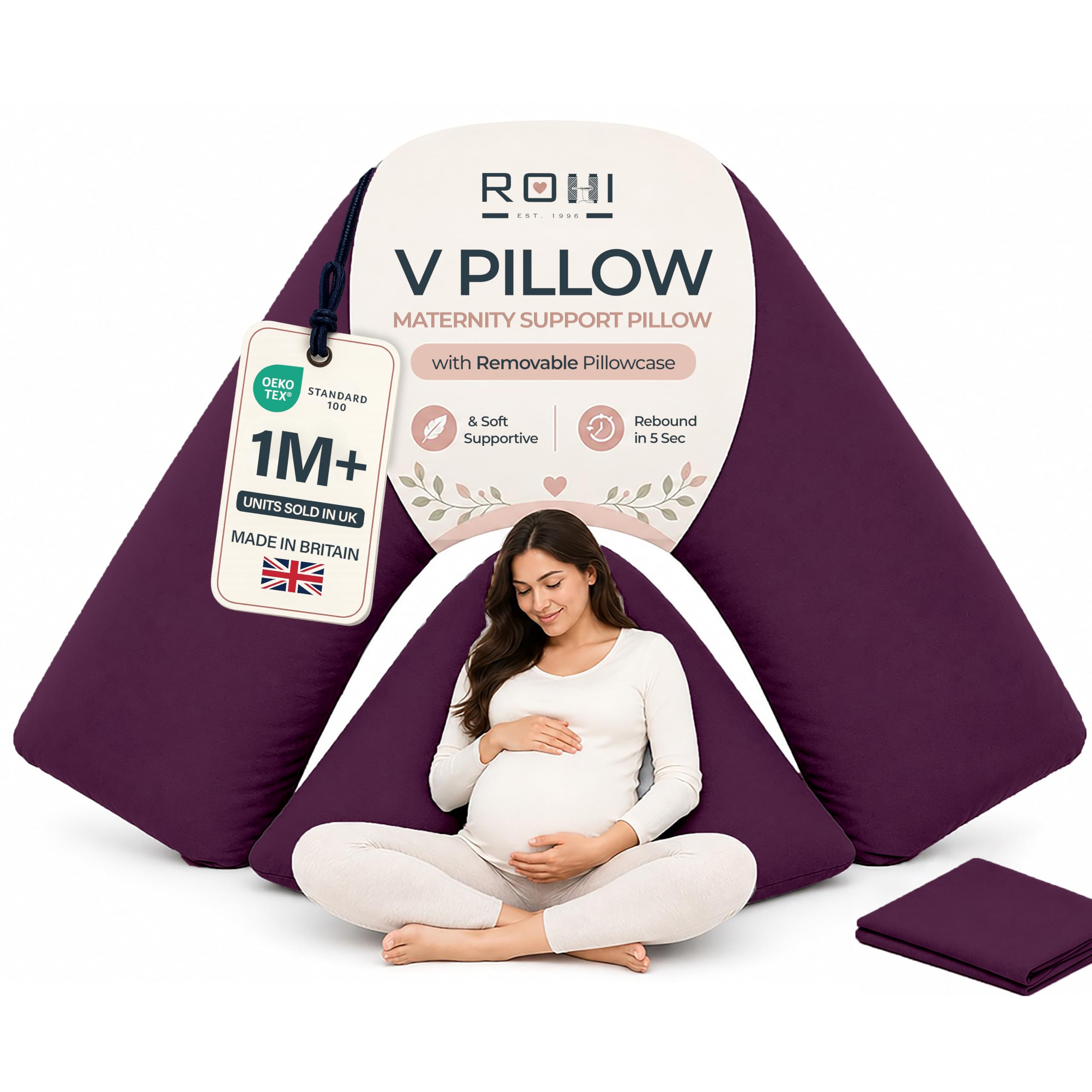 Rohi Plum Orthopaedic V Pillow With Pillowcase – Anti Allergy Triangle Pillows For Adults, Nursing, Maternity & Pregnancy – Extra Hollowfibre Cushioning To Supports Neck, Head & Back (Plum)