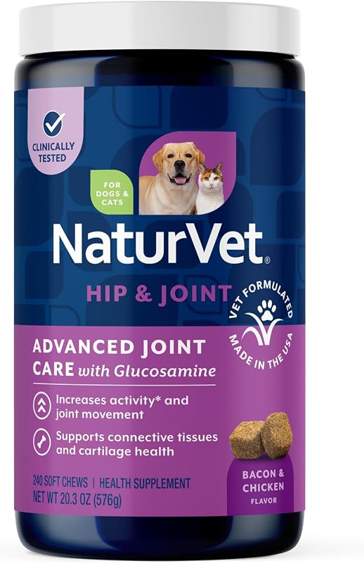 NaturVet Cuidado avanzado de las articulaciones con glucosamina, perros y gatos, 240 ct | Suplemento para perros con glucosamina, MSM, condroitina y ácido hialurónico, ArthriGold Nivel 3, 240 masticables blandos