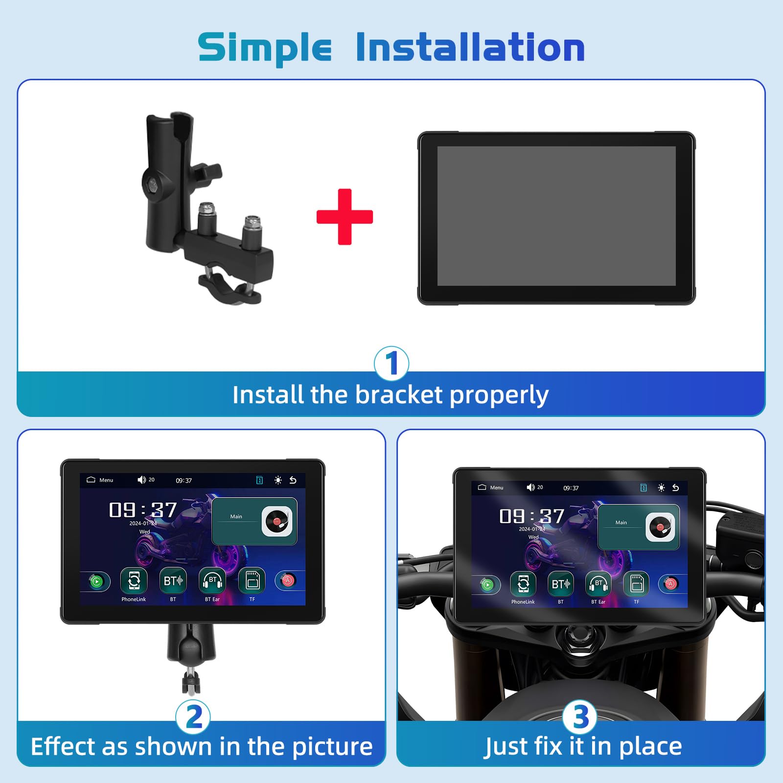 Podofo Motorrad-Navigation mit Kabellosem Carplay Android Auto, 7-Zoll Touchscreen, Portable Motorrad Radio mit Bluetooth, GPS-Navigation, FM-Transmitter, TF-Karte, USB, EQ