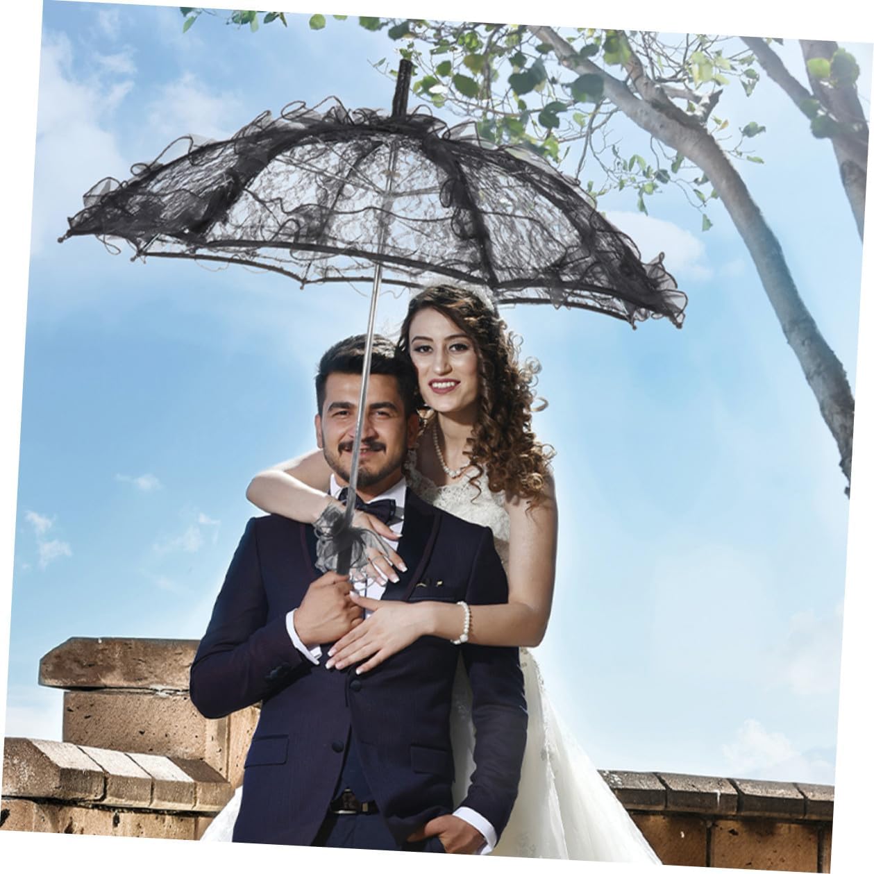 TEHAUX 2pcs Lace Parasol Umbrella for Sun Protection Vintage Bridal Lace Umbrellas in Black and White Small Decorative Stick for Wedding Photography and Tea Party Accessories