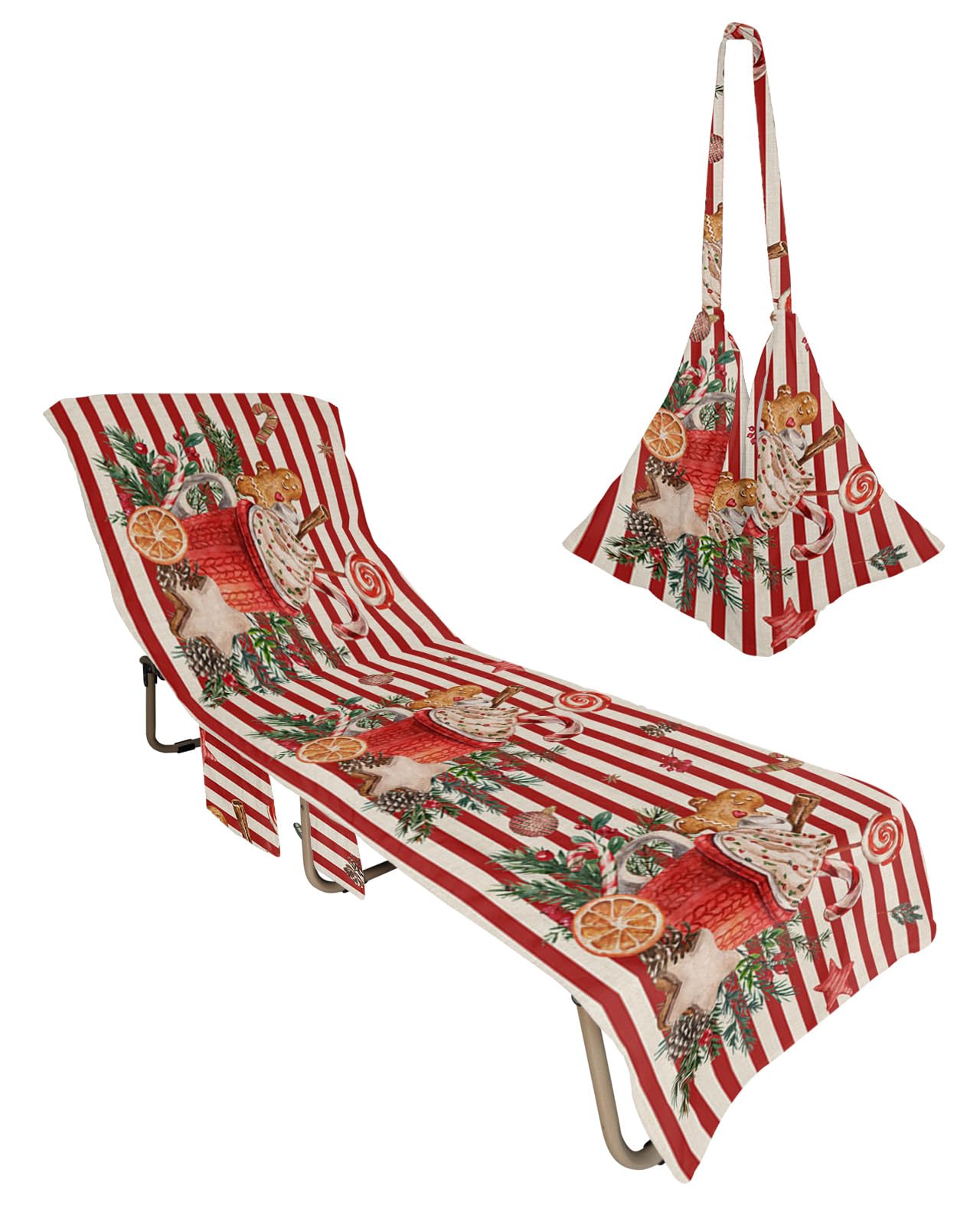 Christmas Beach Chair Towel Covers for Chaise Lounge with Side Pocket, Soft Plush Pool Towels Cover for Patio Sunbathing Outdoor 29''x85'' Farmhouse Red Stripes WInter Berry