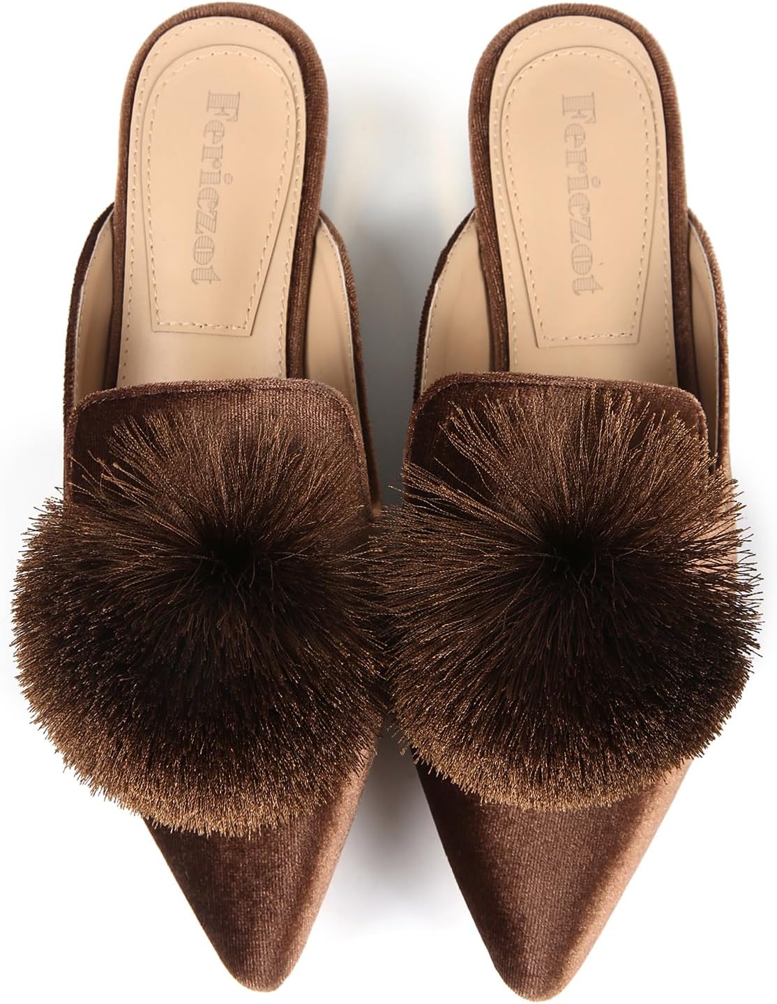 Fericzot Slip On Mule Backless Loafers Flats Puff Pompom Pointed Toe Casual Shoes Slippers