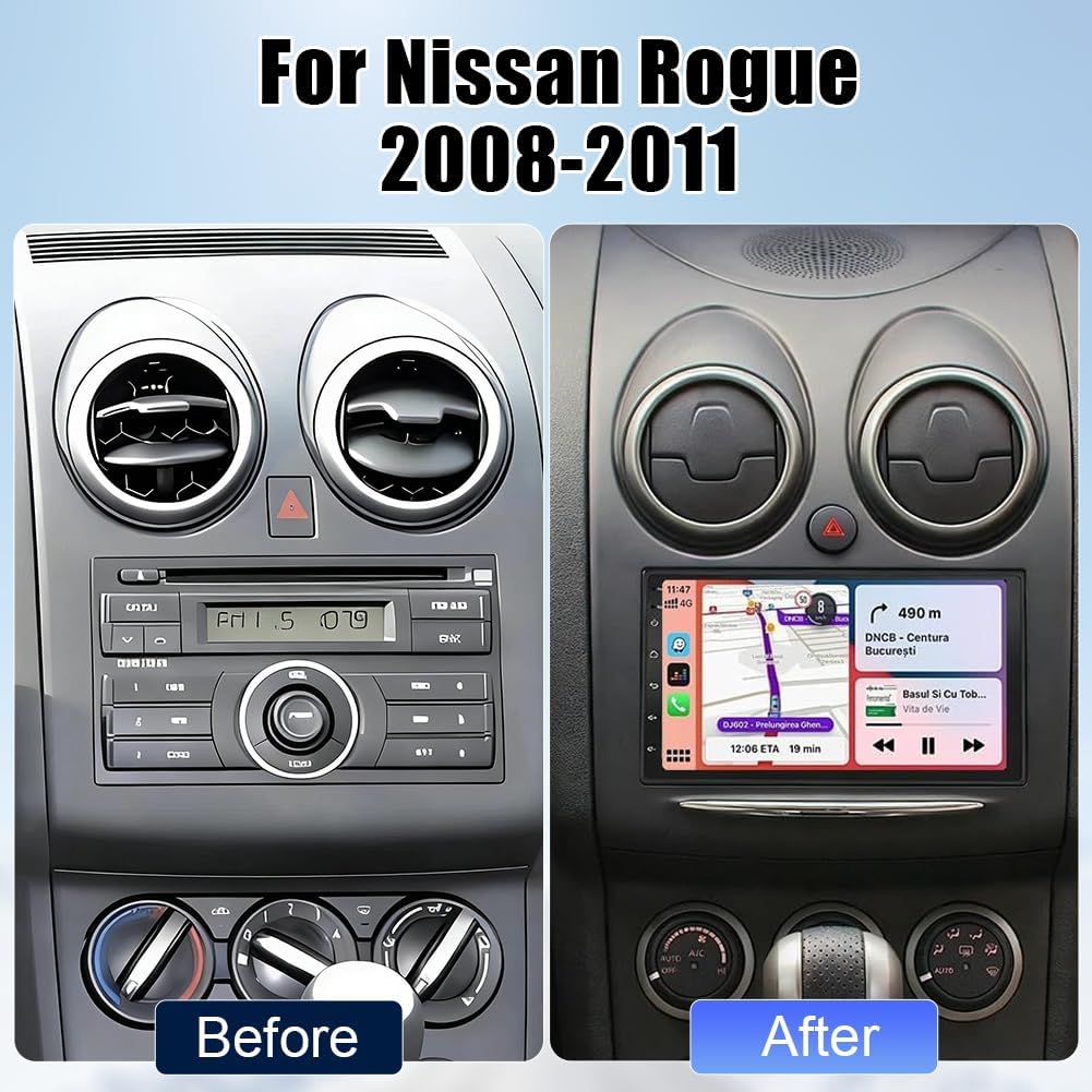 2+64G Car Stereo for Nissan Rogue 2008-2011 with Carplay Android Auto Double Din Car Radio Head Unit w/7 Inch Touch Screen GPS Bluetooth WiFi FM EQ DSP Split Screen SWC Mirror Link Backup Camera Mic