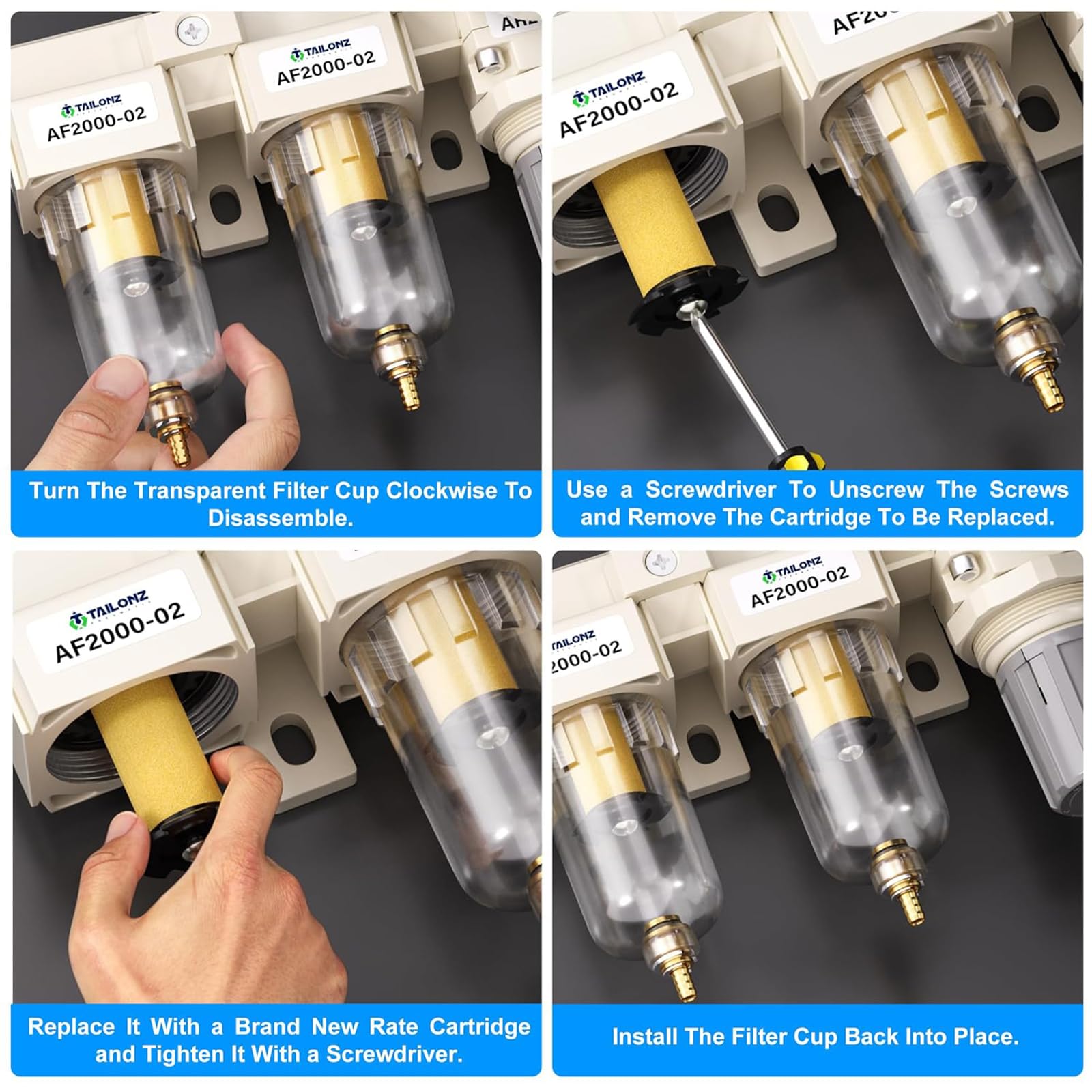 TAILONZ PNEUMATIC 1/4 di pollice BSP 3 in 1 filtro dell'aria regolatore di pressione Combo Piggyback, filtro compressore per utensili ad aria con manometro AF2000+AF2000+AR2000