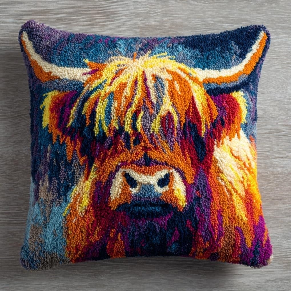 AxiangziK DIY Latch Hook Cushion Kit for Adults,Highland Cattle