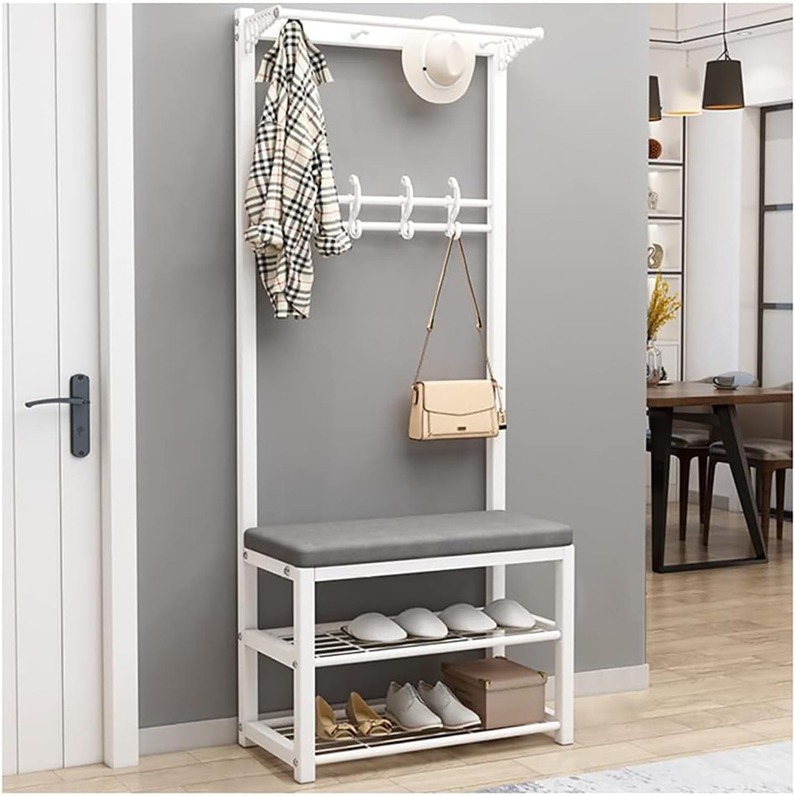 FGXHHS Freestanding Entryway Organizer with Bench, Shoe Storage, and Multiple Hooks for Space-Saving in Living Rooms Bedrooms
