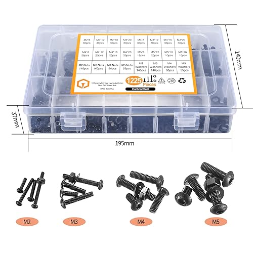 Miniatura 3 de Juego de 1225 tornillos de cabeza hexagonal M2 M3 M4 M5 tornillos de cabeza de casquillo de botón hexagonal tuercas de arandelas planas kit surtido