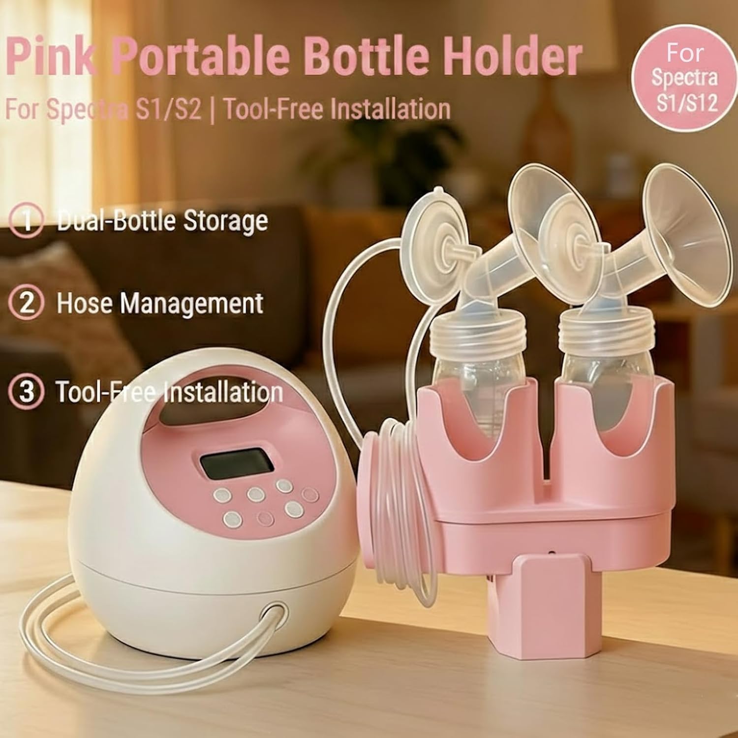 Bottle Holder for Spectra S2 - Portable Detachable Accessories with Hose Management, Dual Organizer Space-Saving Design, Tool-Free Installation (Pink)