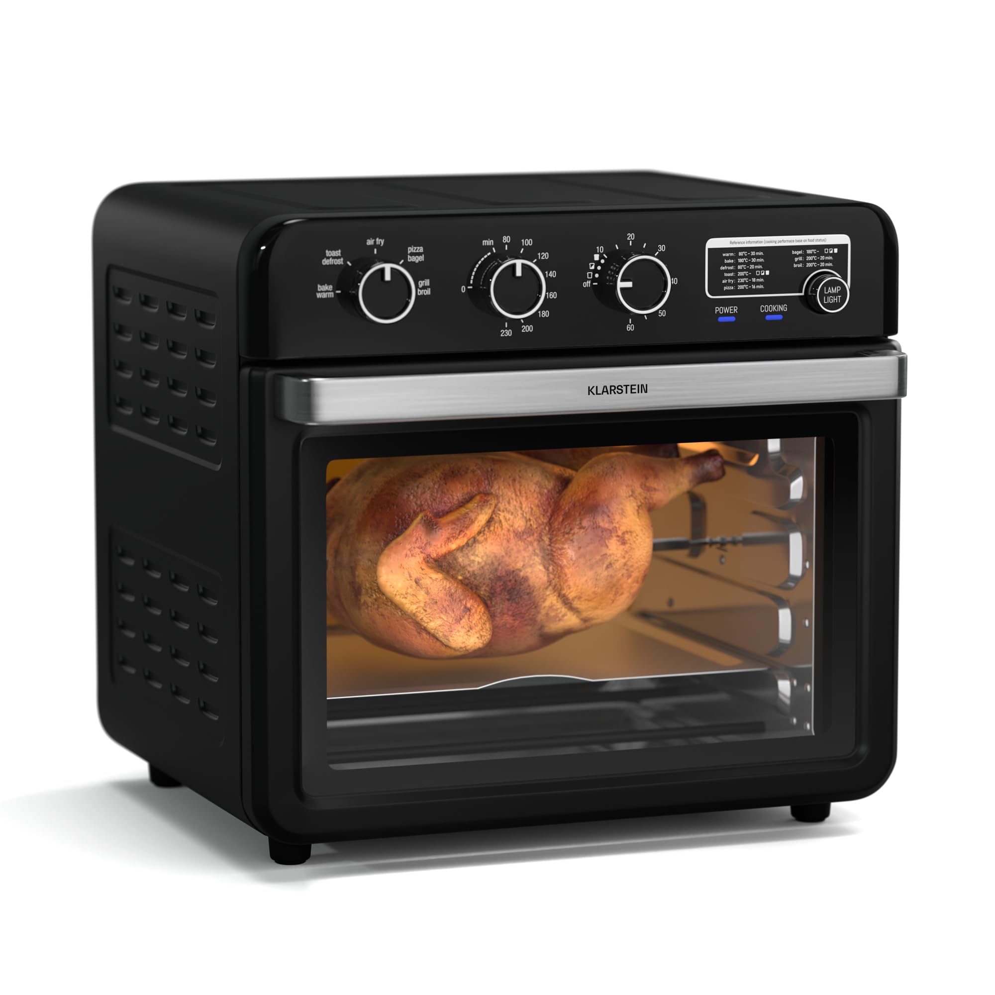 Klarstein AirGlaze Freidora De Aire – 34L, 2000W, 9 Programas, Control Giratorio, Ventana Panorámica, Accesorios Incluidos: Rejilla, Cesta, Bandeja & Asador, Negro