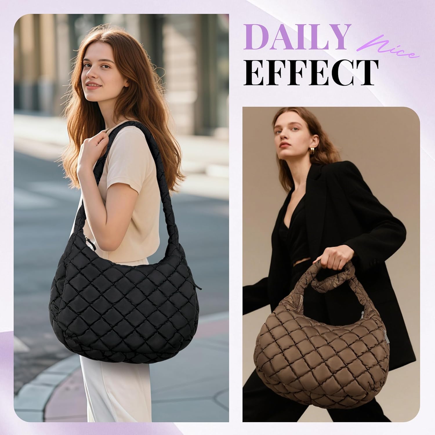Puffer Tote Bag for Women, Large Quilted Laptop Tote with Zipper, Waterproof Lightweight Bag for Work & Travel