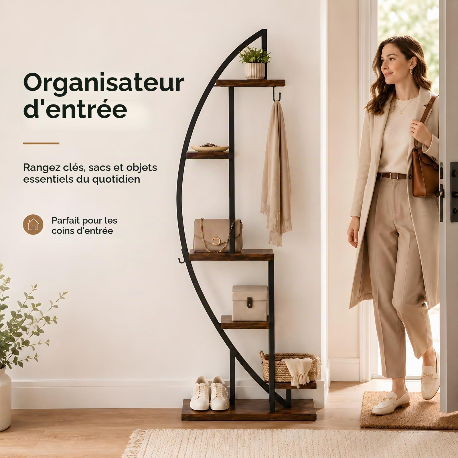 Étagère d'angle Industrielle avec Lumière LED Plantes – Meuble d'angle Gain de Place Étroit, Bibliothèque Demi-Lune Bois et Métal pour Coin Salon, Entrée ou Chambre, Hauteur 160 cm