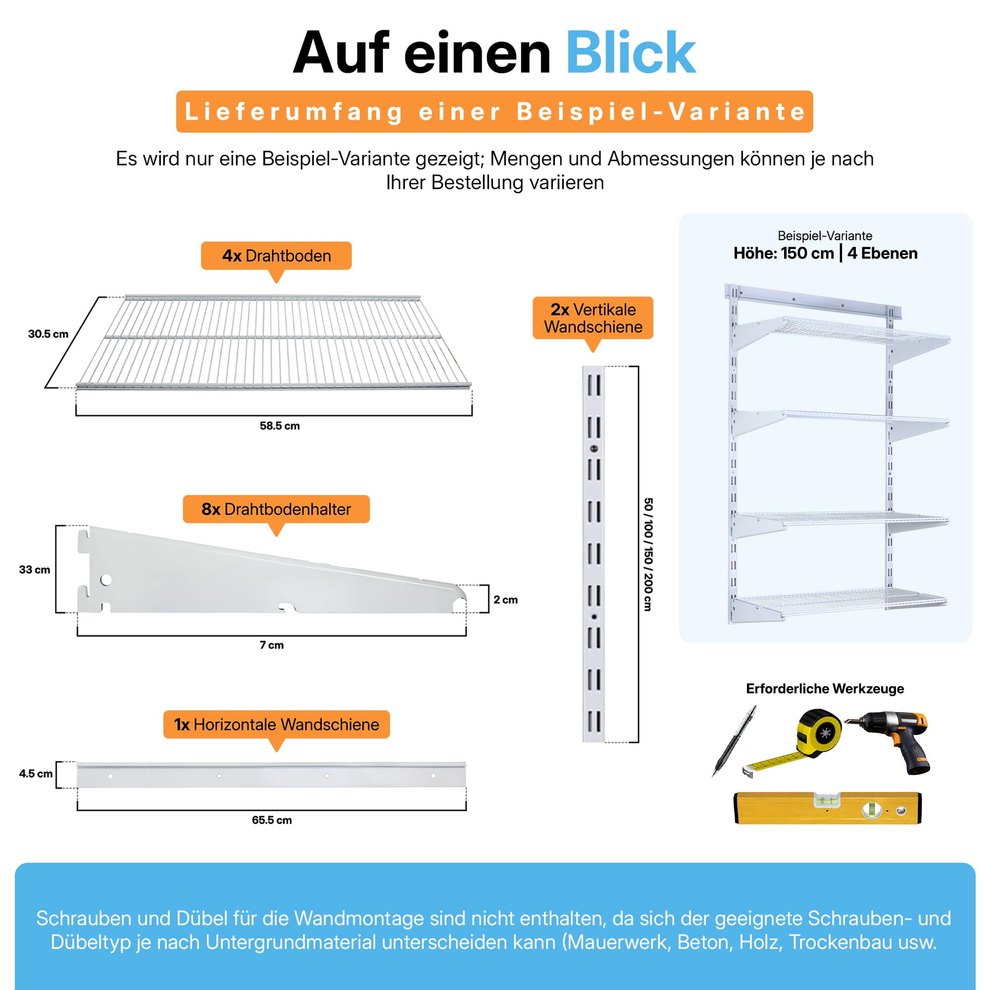Wandregal Metall Anthrazit mit Drahtboden · 28 Varianten · 150x60x30cm (HxBxT) 4 Böden · Flexibles Wandschienen Regalsystem für Ankleide, Vorratsraum, Büro, Garage, Keller & Werkstatt