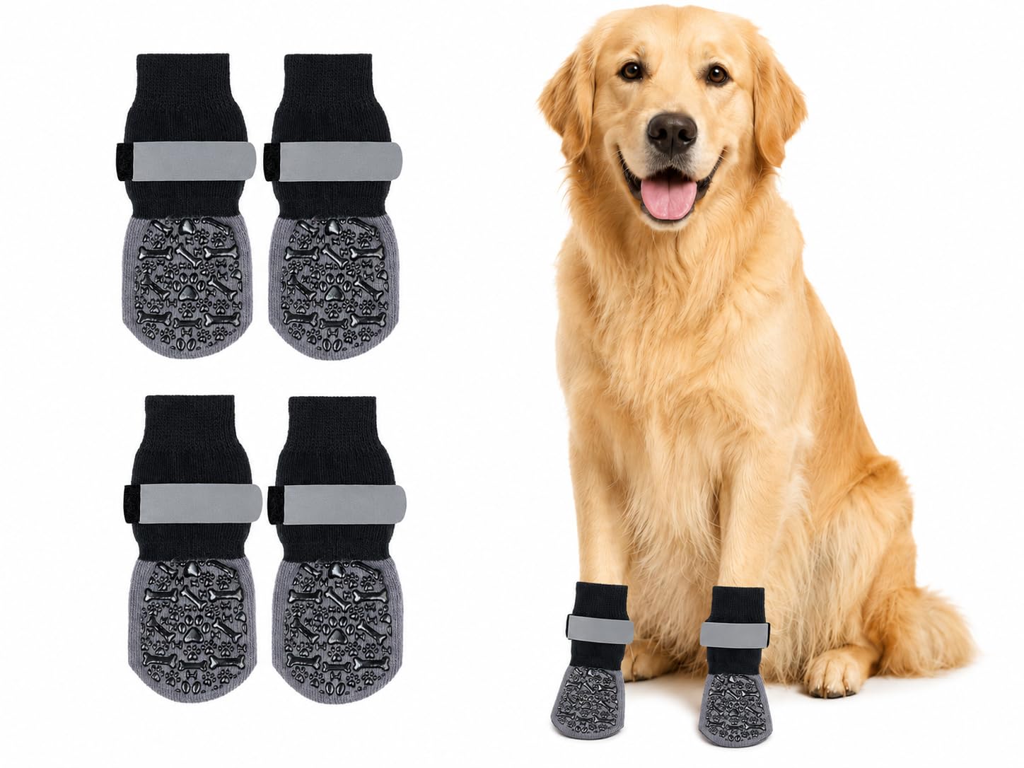 Fjquamitix 4 Pcs Dog Socks Anti-Slip Pet Paw Protector with Adjustable Straps Stop Licking Injured Paws for Indoor on Hardwood Floor Wear (Black Bone, L)