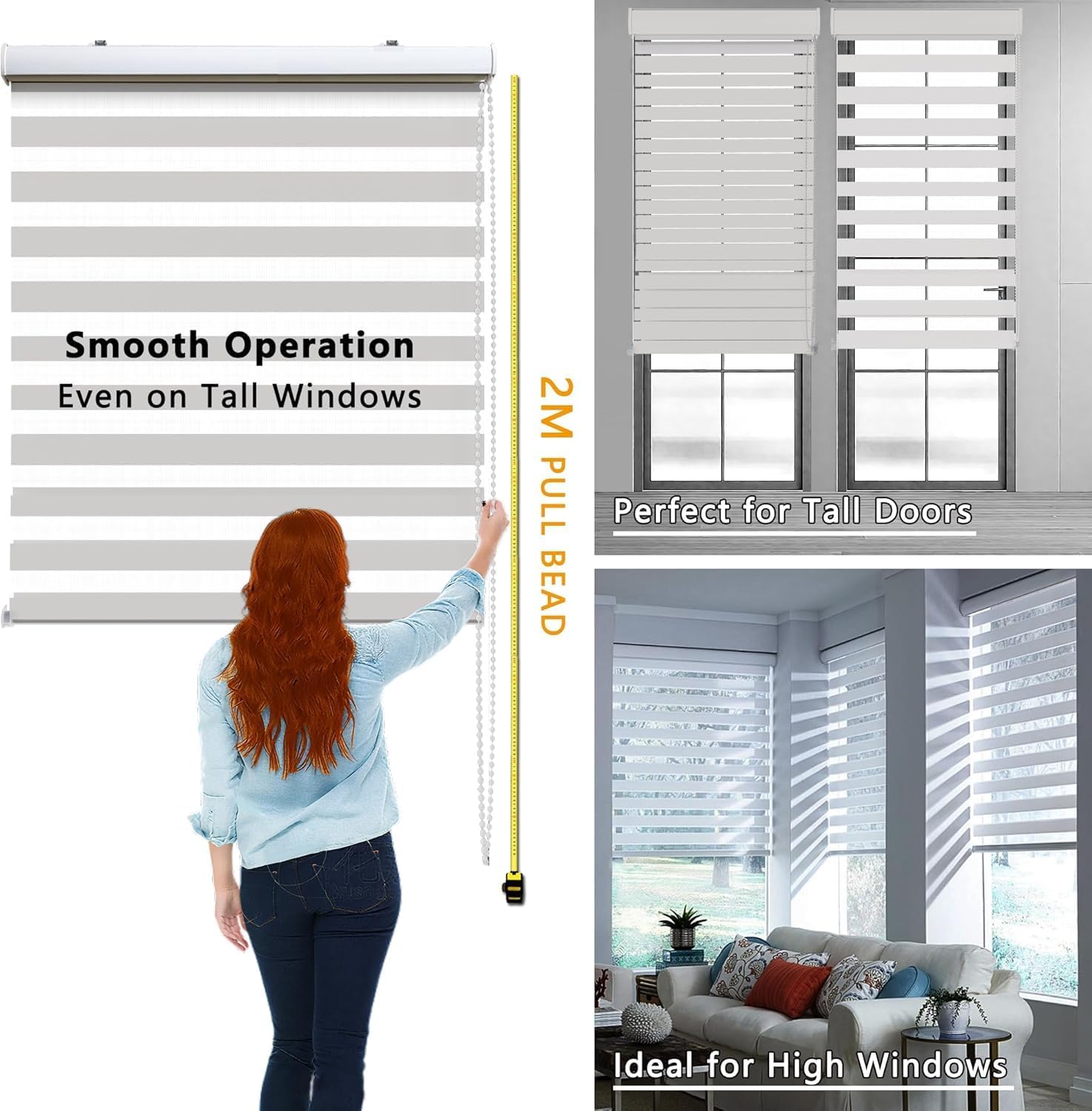 Corded Zebra Roller Blinds for Windows – Dual Layer Light Filtering Shades, Privacy Sheer Indoor Window Blinds for Bedroom & Living Room (34" W x 72" H, White)