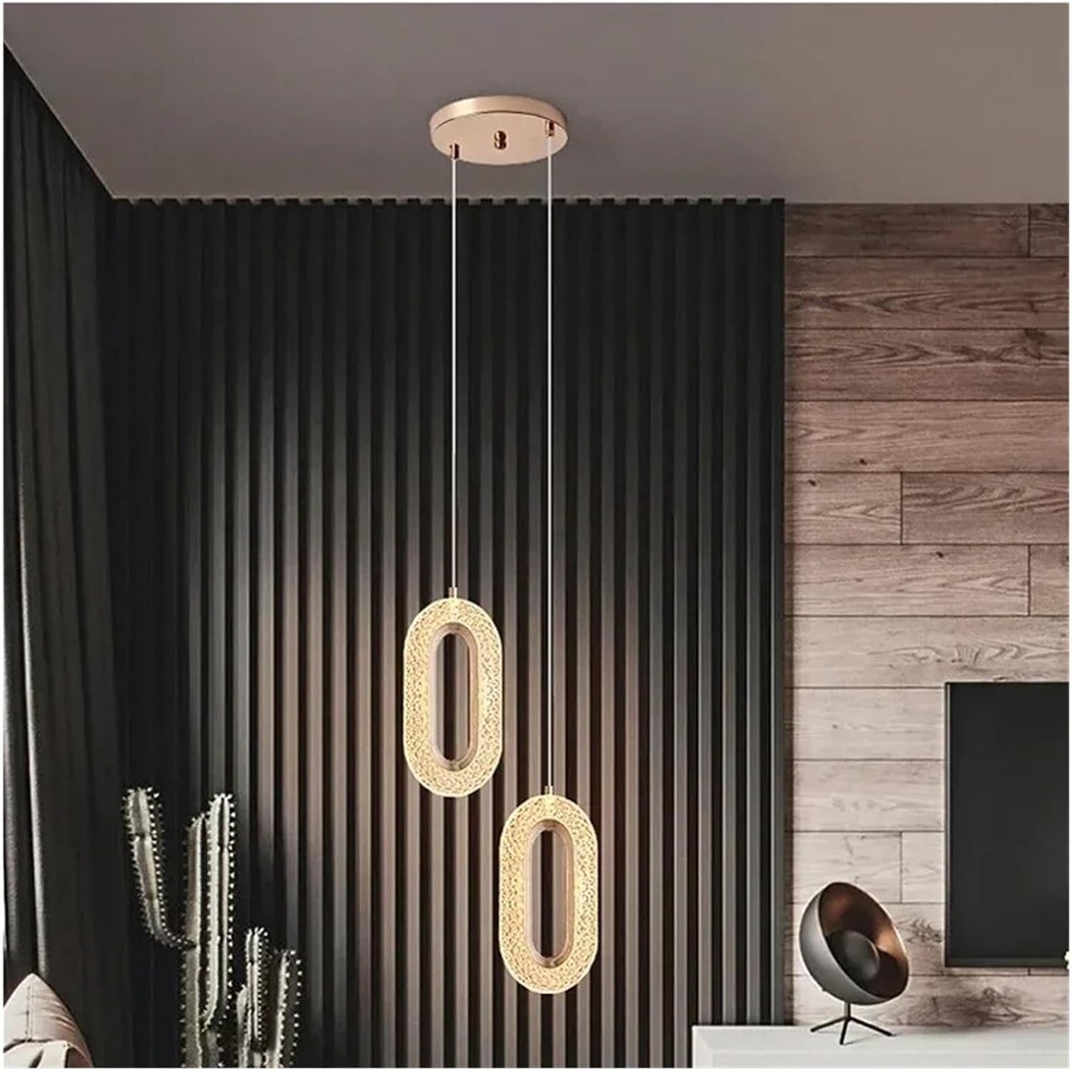 LNPTAL Modern Crystal Pendant Light, Luxury Gold Oval Hanging Lamp, 2-Light Geometric LED Chandelier for Living Room, Bedroom, Dining Table, Contemporary Indoor Art Decor