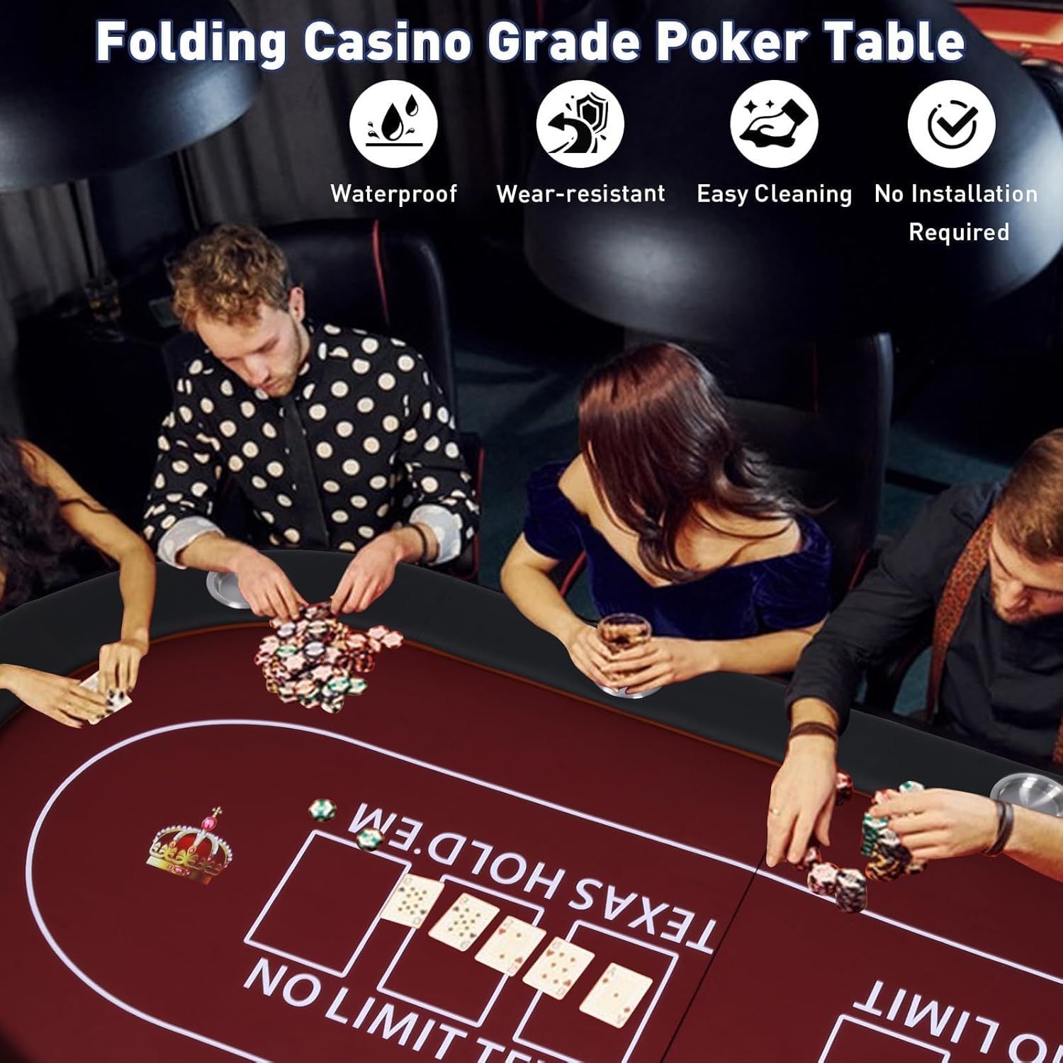 Upgrade 91'' Foldable Poker Table for 10 Players - Large Casino Table with Stainless Steel Cup Holders & Padded Rails - Texas Holdem Board Game Table - Perfect for Texas Casino Leisure Game