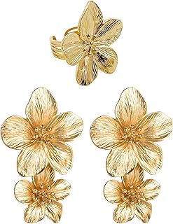 Fleurs en Or: Boucles d'oreilles Longues et Bague Fleur - Grandes Boucles d'oreilles pour Femme
