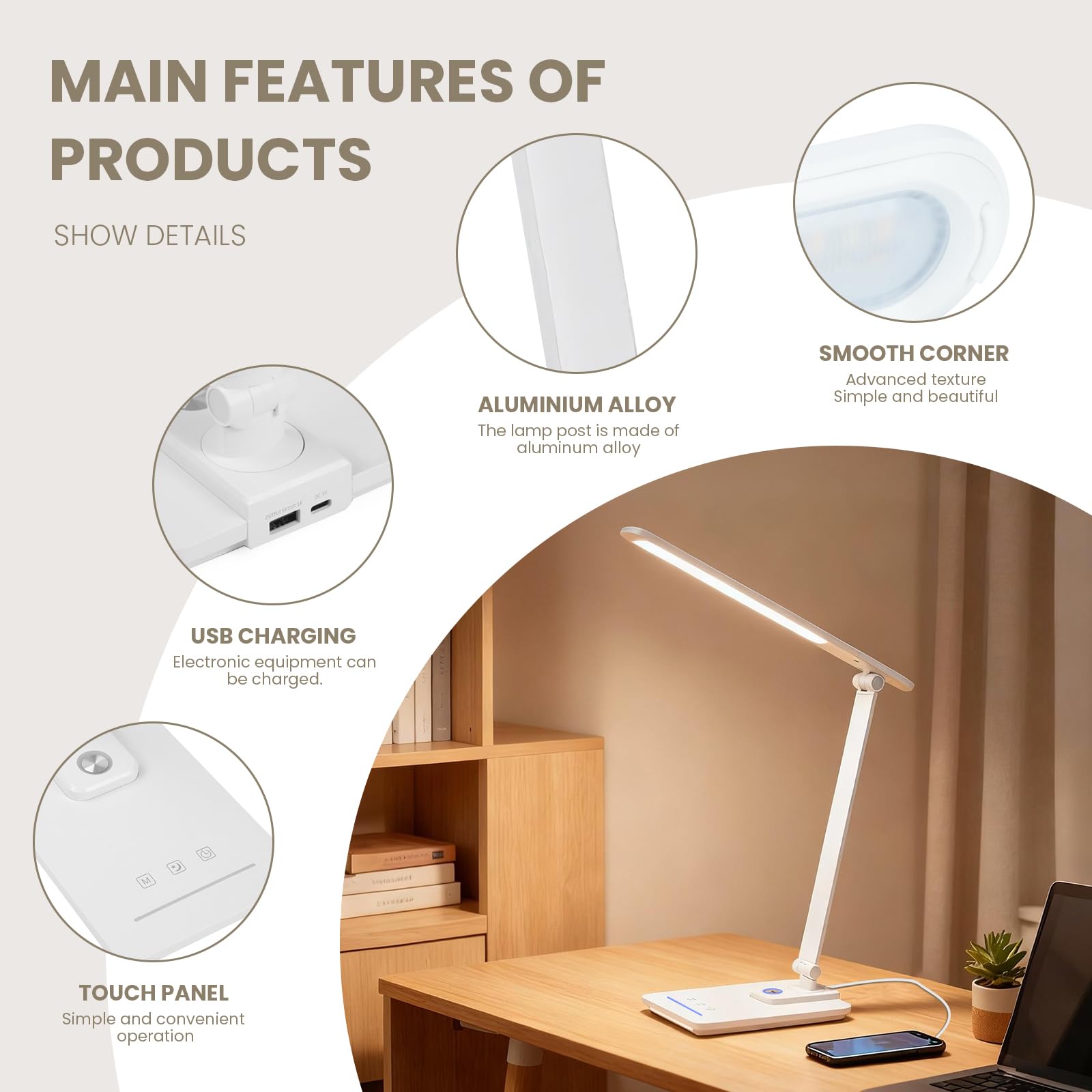 TECHNOVA LED-Schreibtischlampe mit 5 Farbtemperaturen, stufenloses Dimmen und One-Touch-Timer, faltbares und tragbares Design für Büro/Studium/Nagelkunst, USB-Aufladung und Vier-Achsen-Rotation für